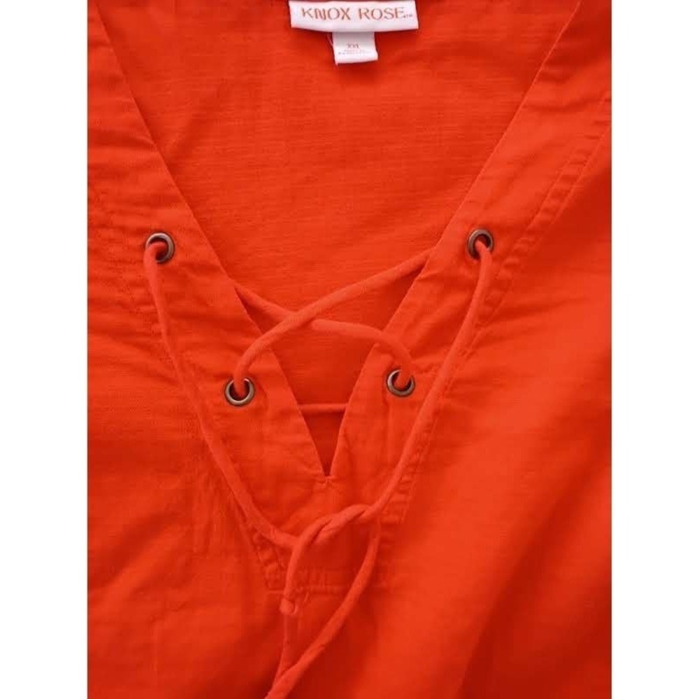 Knox Rose Red Lace Up 100% Cotton Bohemian Blouse  Fits L/ XL Short Slve V-Neck - Picture 4 of 8